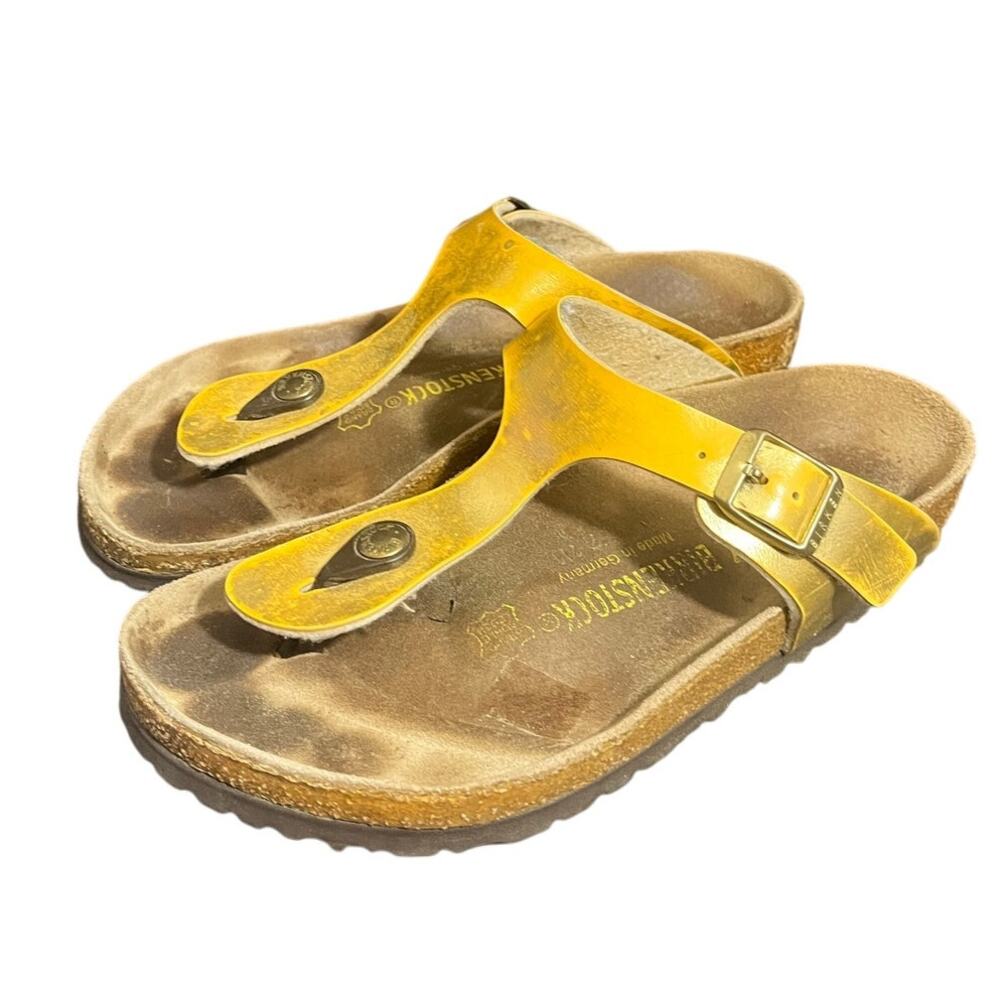 Birkenstock‎ Womens Gizeh Leather Yellow Metallic Thong Sandals Size 37 US 6